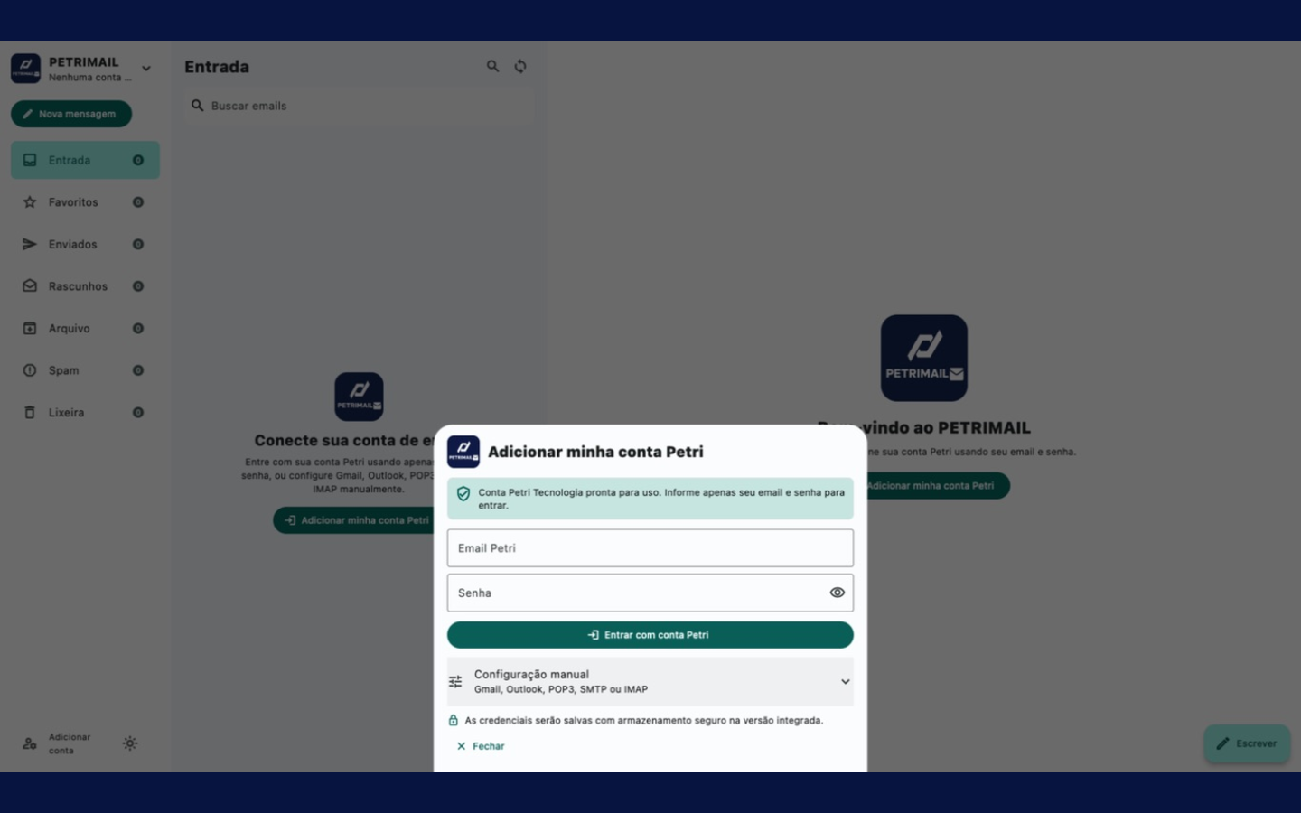 Tela real do PETRIMAIL no macOS com formulário para adicionar uma conta