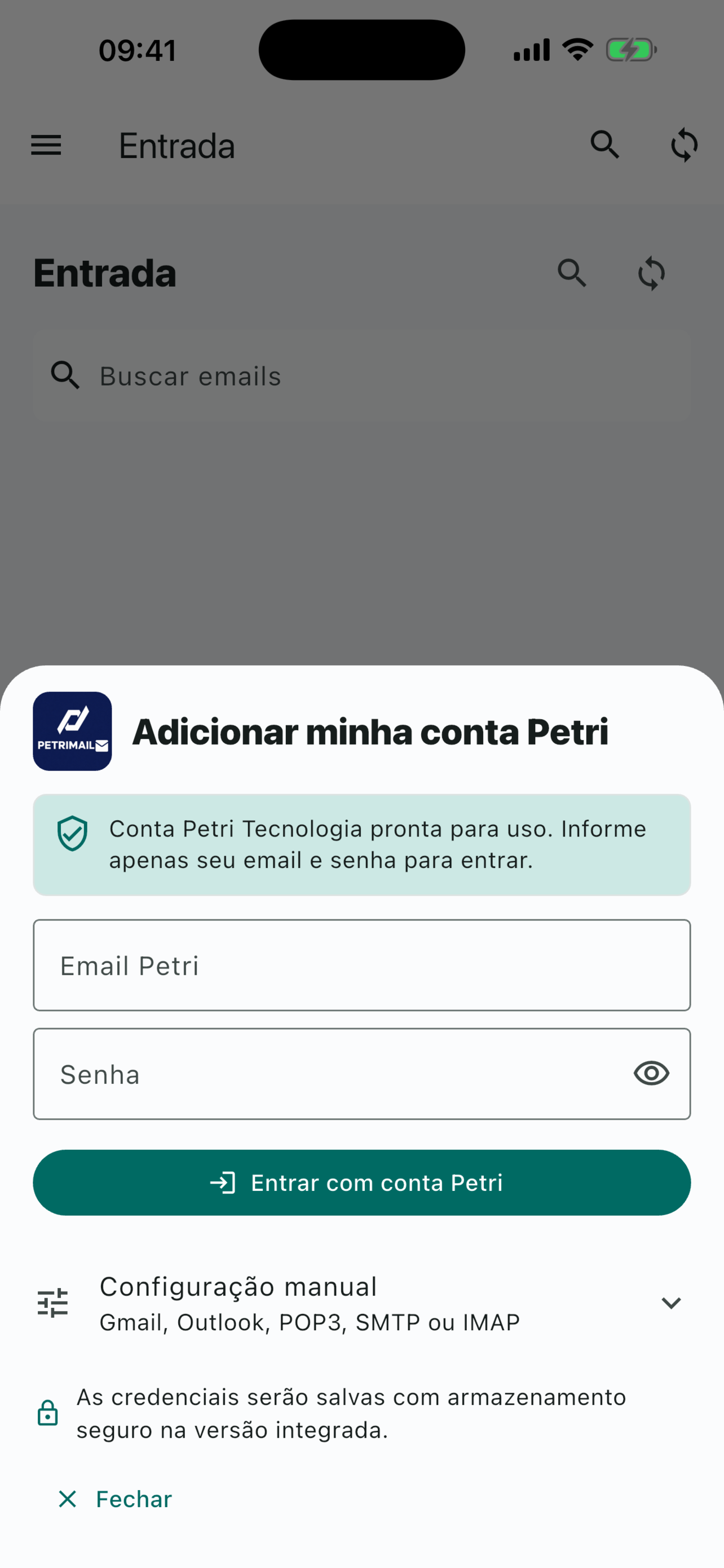Tela real do PETRIMAIL no celular com acesso à conta Petri